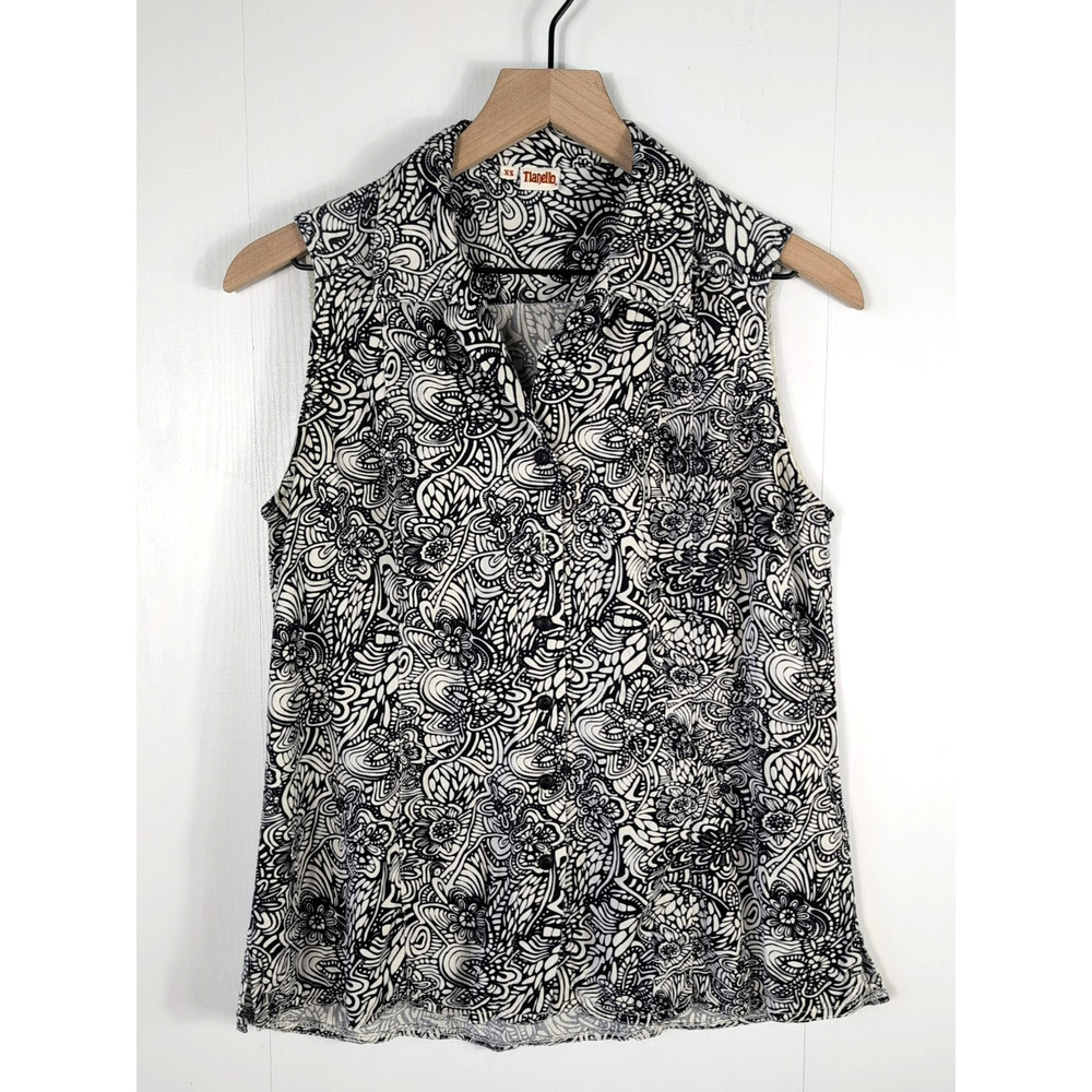 Tianello Womens XS Button Up Sleeveless Top Floral Black White Tencel Blouse